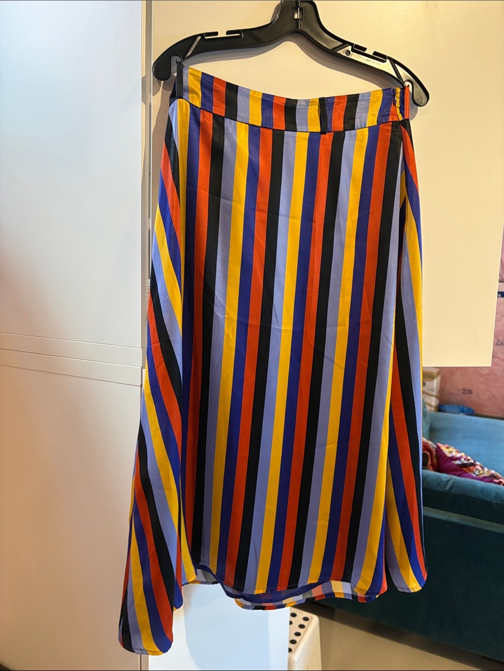 House of Harlow 1960 Striped A-Line Skirt in Blue, Yellow, Red, Black, Cream